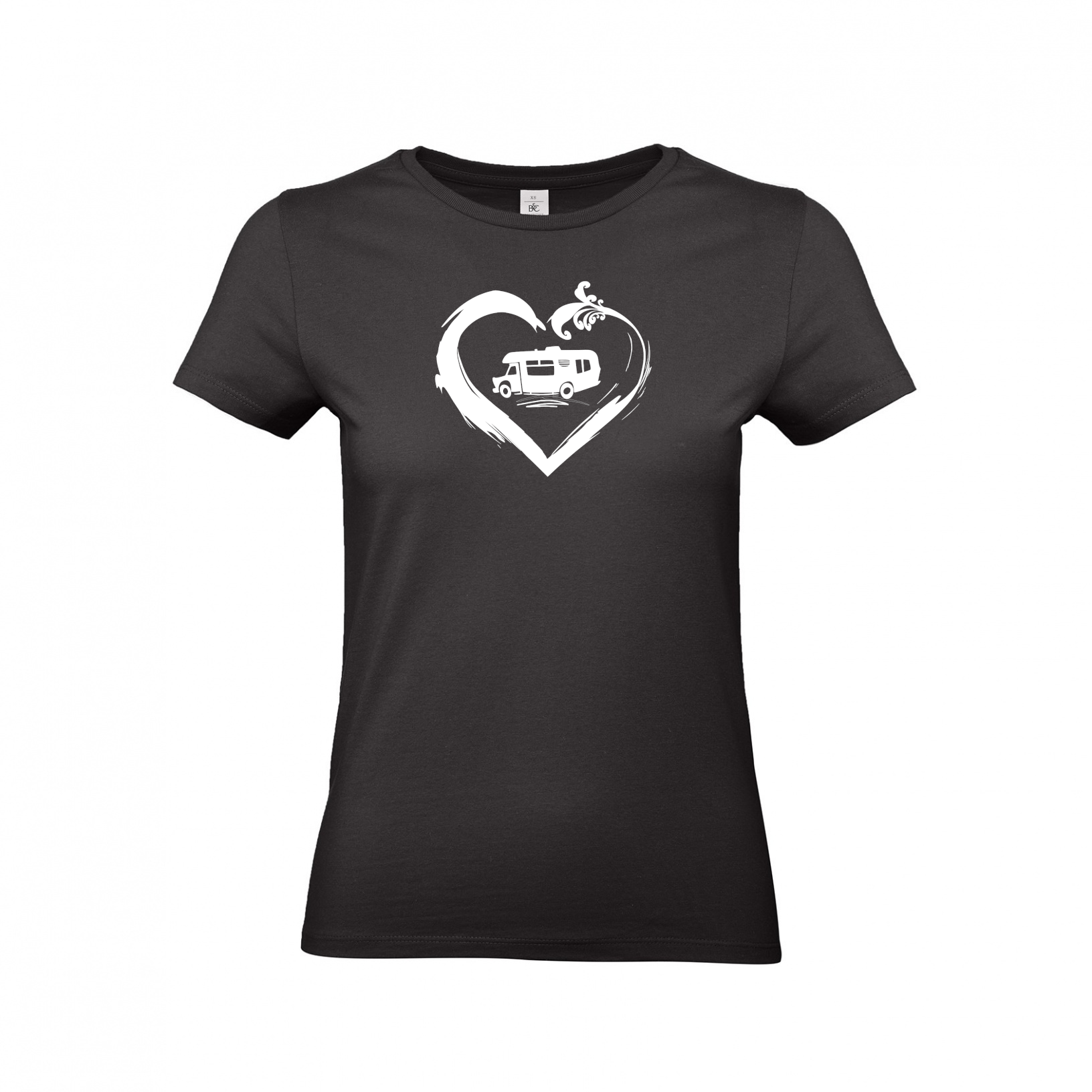 Damen-Camping-Kleidung-T-Shirts-fuer-Camper-Wohnmobil-Camperin-mit-Herz-Black