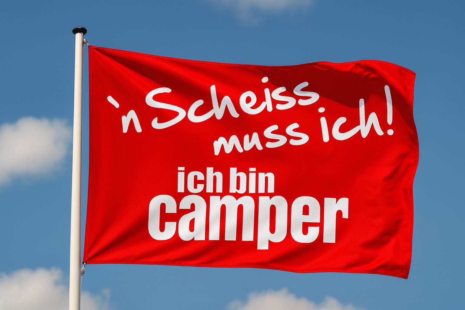 `n Scheiß muss ich! Ich bin Camper - Camping Fahne 150,0 x 90,0 cm - Rot/Weiß- `n Scheiß muss ich! Ich bin Camper - Camping Fahne 150,0 x 90,0 cm - Rot/Weiß-