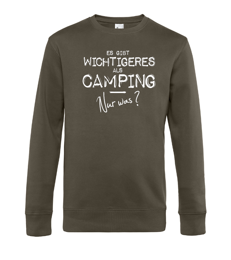 camper-kleidung-sweatshirt-pullover-es-gibt-wichtigeres-als-camping-khaki Es gibt wichtigeres als Camping - Nur was? - Camping Sweatshirt / Pullover (Unisex)
