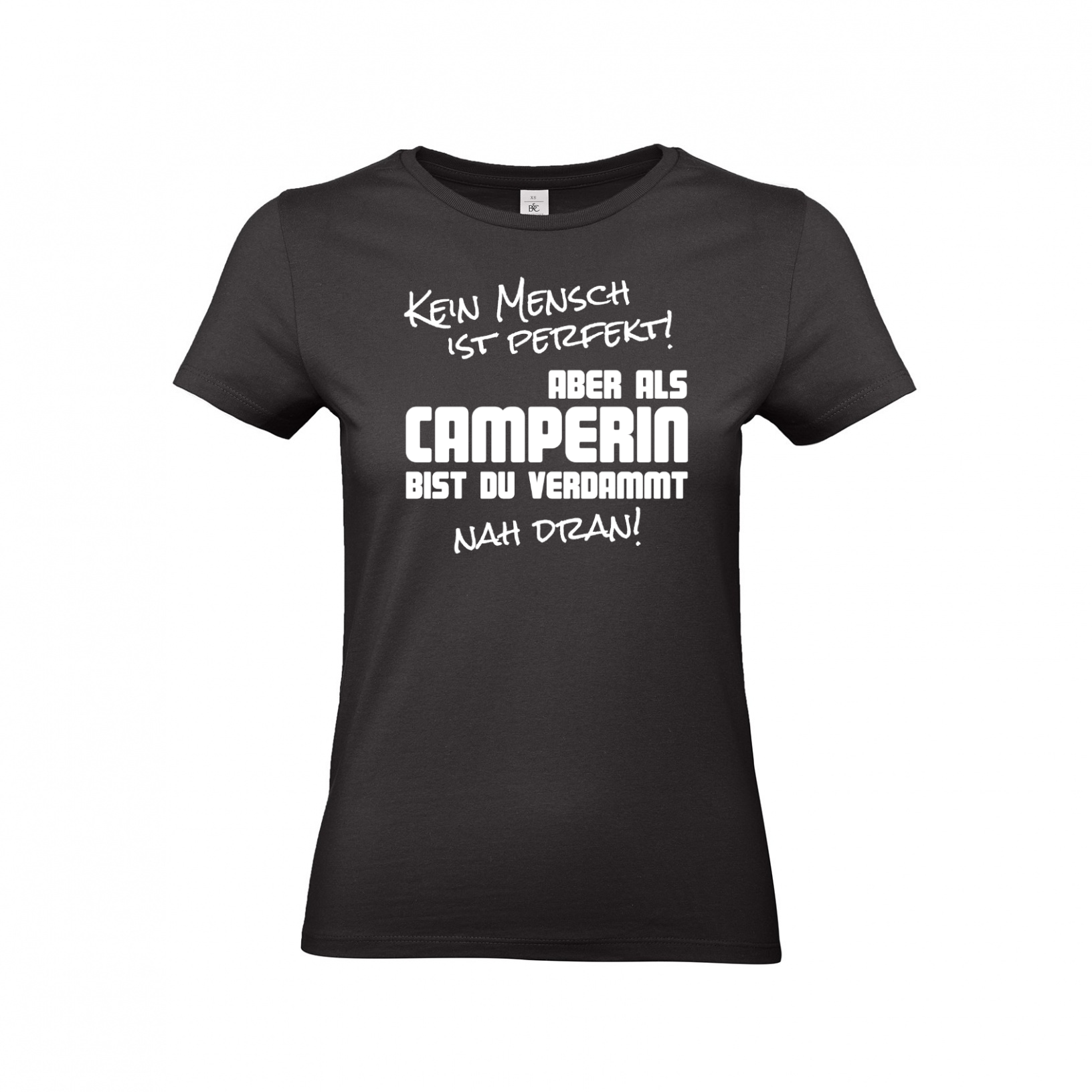 Damen-Camping-Kleidung-T-Shirts-fuer-Camper-Kein-Mensch-ist-perfekt-Black