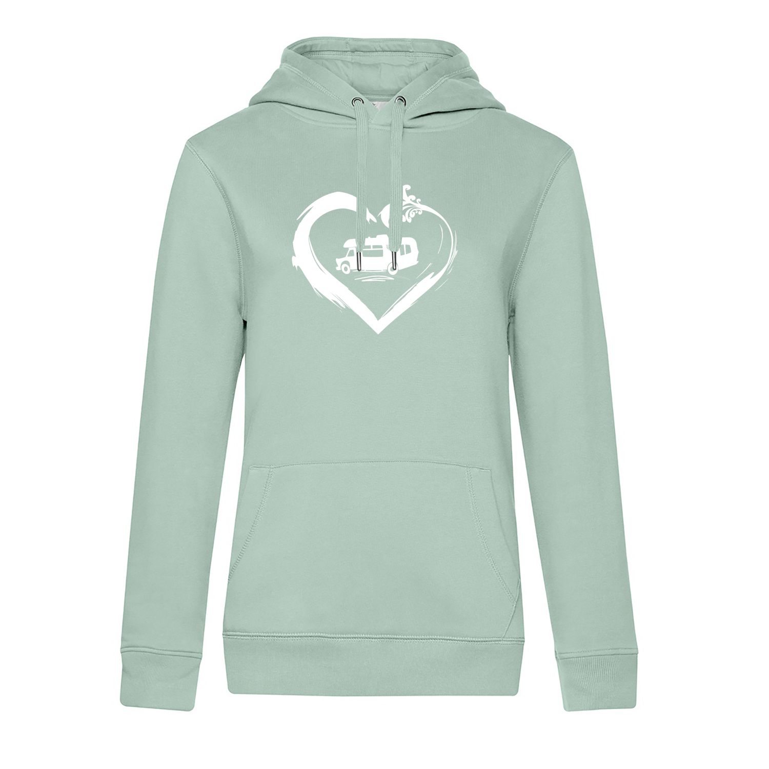 Damen-Camping-Kleidung-Hoodie-fuer-Camperin-mitWohnmobil-Herz-Aqua-Green Wohnmobil mit Herz - Camping Hoodie für Frauen - Unser Hoodie für Camper ist die ideale Camping Kleidung. Unsere Hoodies eignen sich für Wohnmobil, Wohnwagen oder Dauercamper. Ideal auch als Geschenk für Camper.