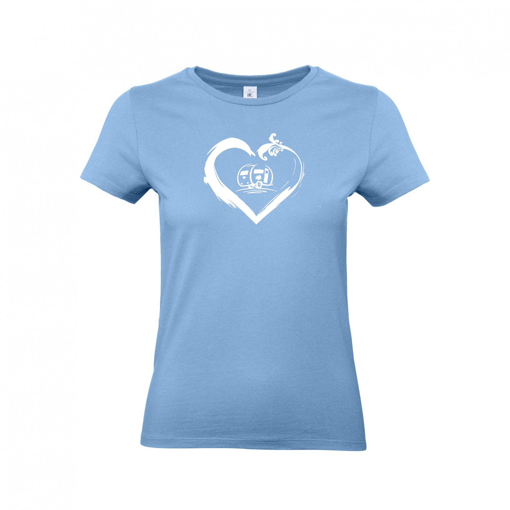 Damen-Camping-Kleidung-T-Shirts-fuer-Camper-Wohnwagen-Camperin-mit-Herz-Sky-Blue Wohnwagen Camperin mit Herz - Camping T-Shirt für Frauen