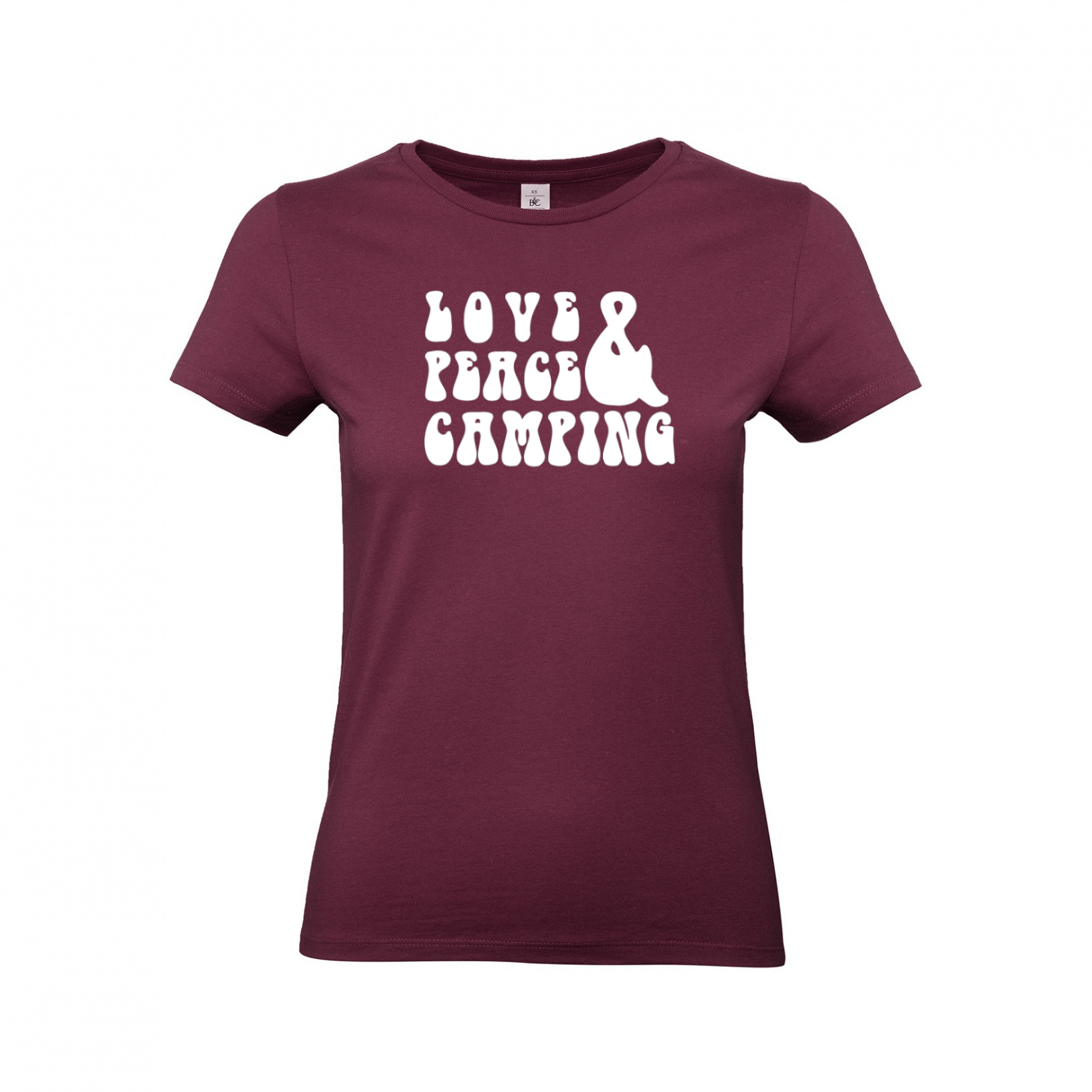 Damen-Camp-Kleidung-T-Shirts-fuer-Camper-Love-Peace-Camping-Burgundy