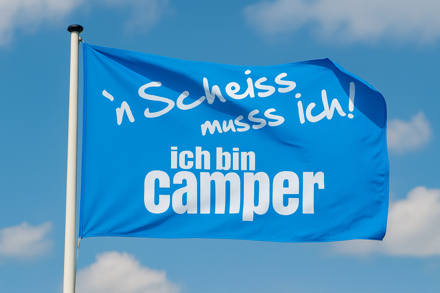 `n Scheiß muss ich! Ich bin Camper - Camping Fahne 150,0 x 90,0 cm - Blau/Weiß `n Scheiß muss ich! Ich bin Camper - Camping Fahne 150,0 x 90,0 cm - Blau/Weiß